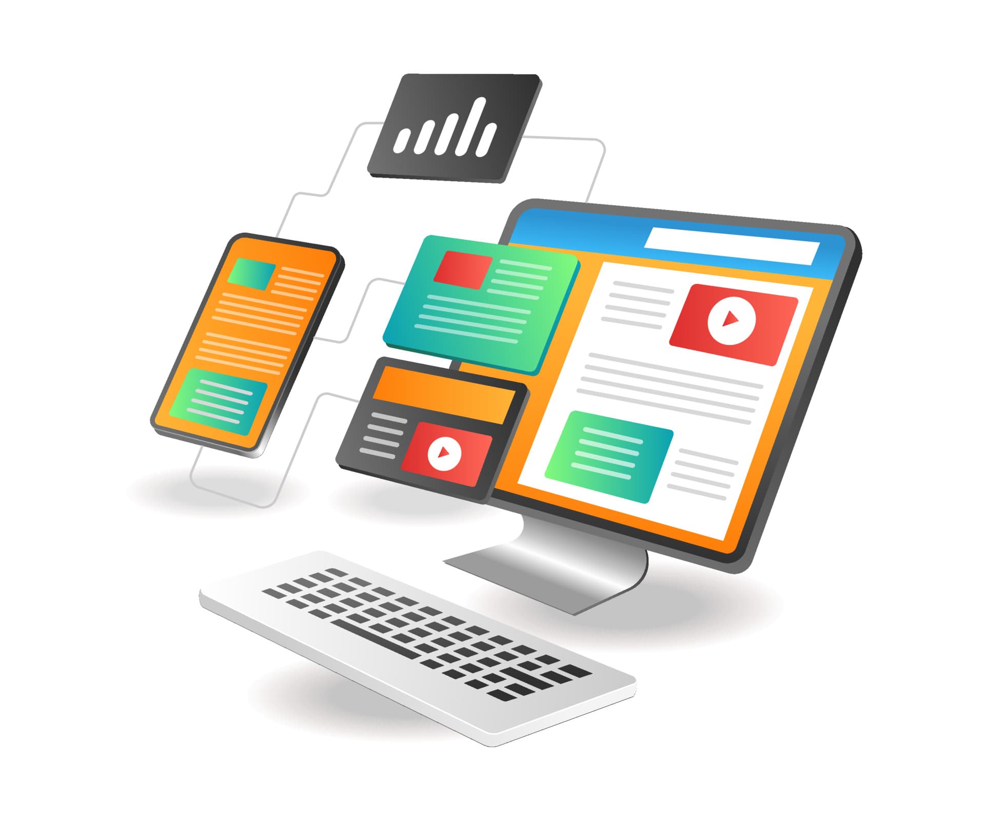 Isometric illustration of network analysis and SEO data connections