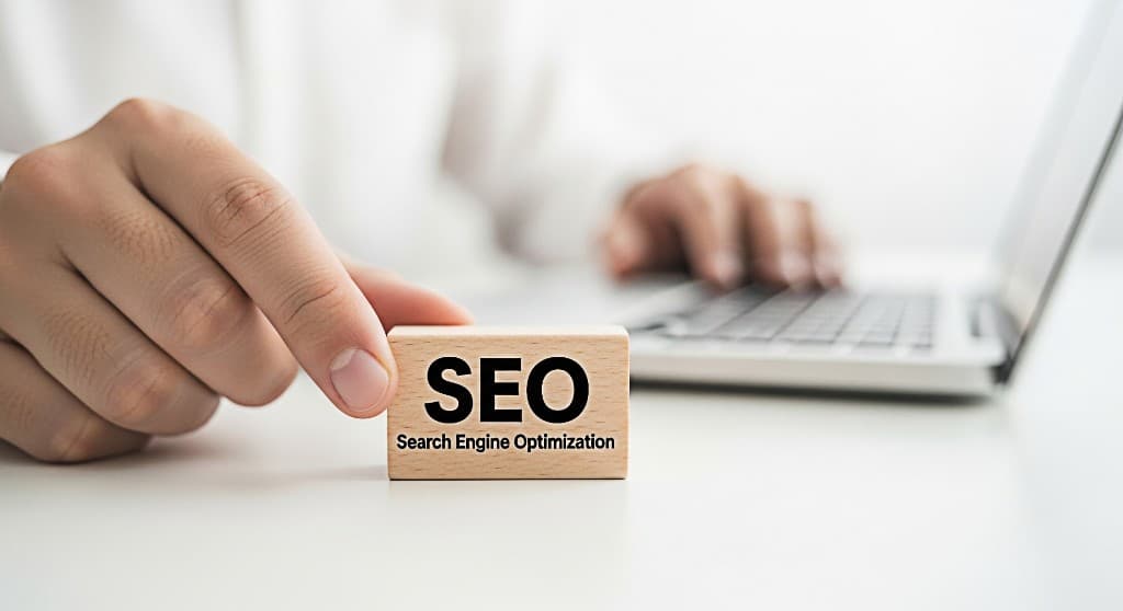 Hand holding a wooden block labeled SEO and Search Engine Optimization